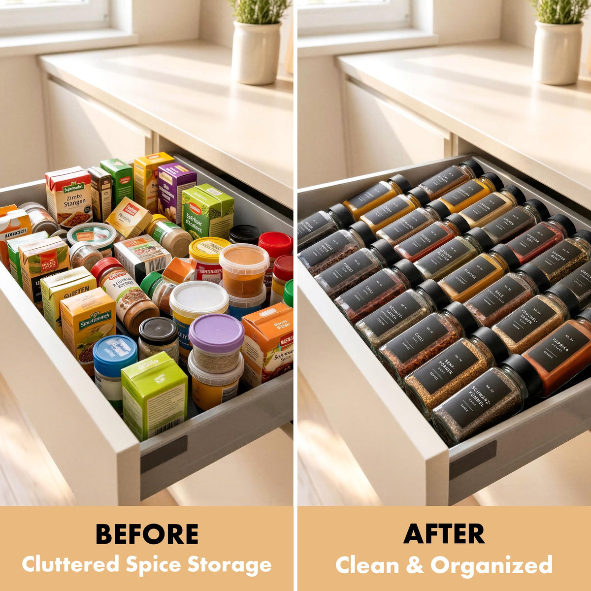 EDELHAUS square spice jars on kitchen shelf illustrating pantry organization.