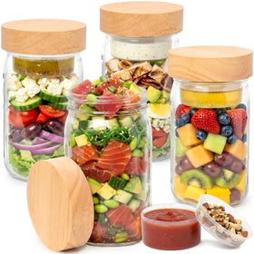 EDELHAUS 32oz salad jar with oak lid and airtight seal for fresh meals.