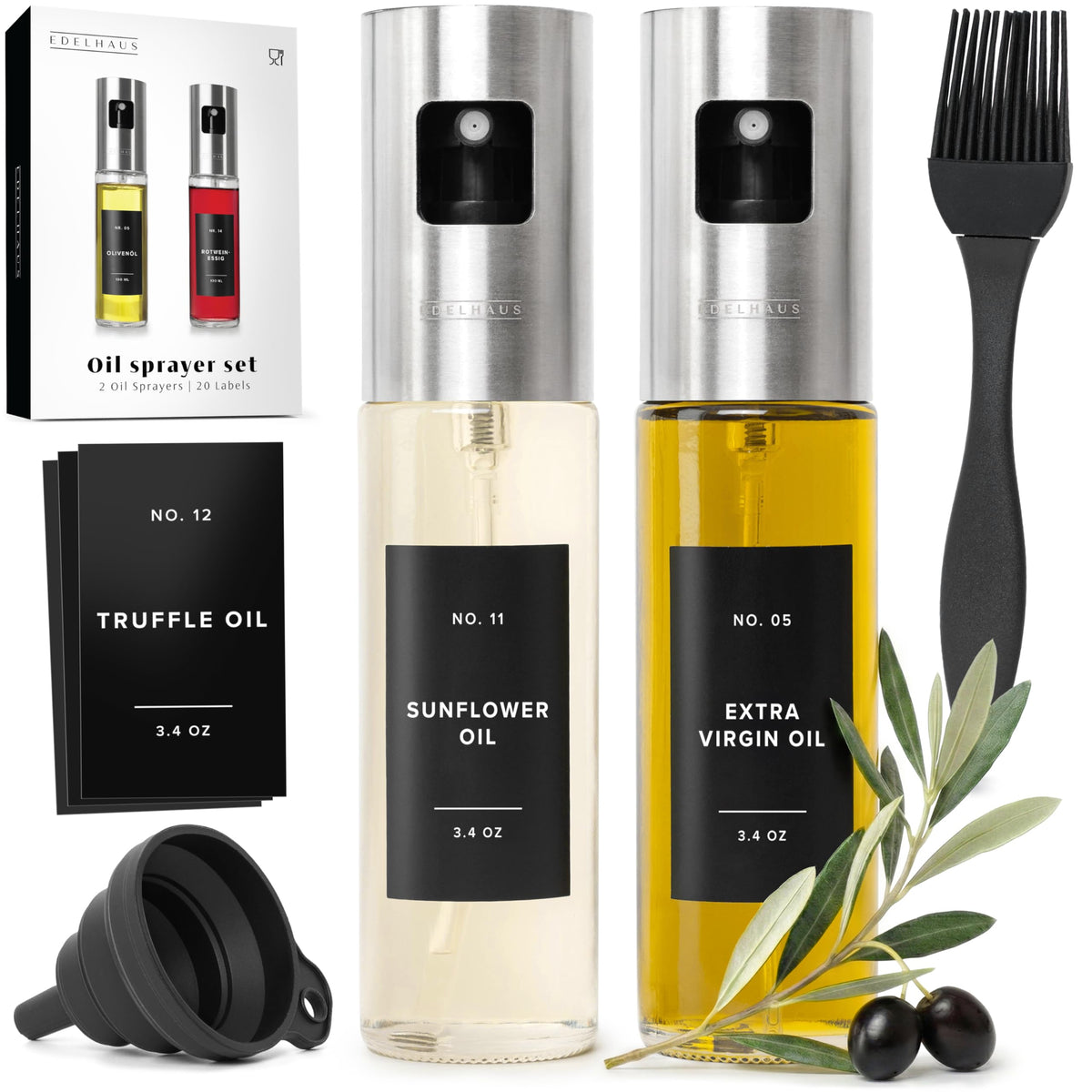 EDELHAUS oil sprayer set 2 glass stainless bottles for precise, even oil distribution.