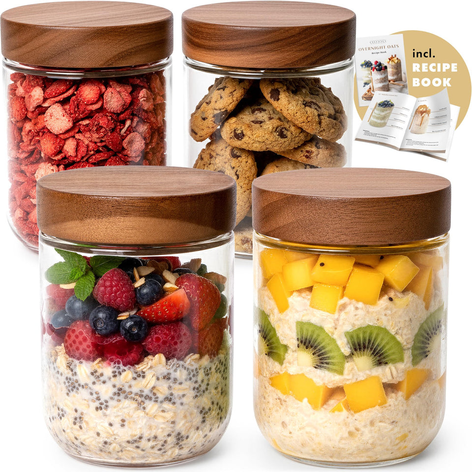 EDELHAUS overnight oats jars with acacia lids for fresh, organized breakfasts.