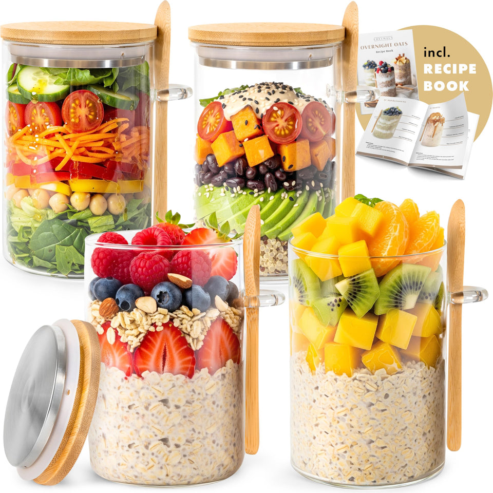 EDELHAUS overnight oats containers with lids and spoons for easy meal prep.