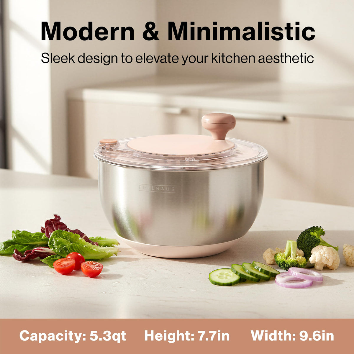 EDELHAUS salad spinner stop button highlighted for instant halting during prep