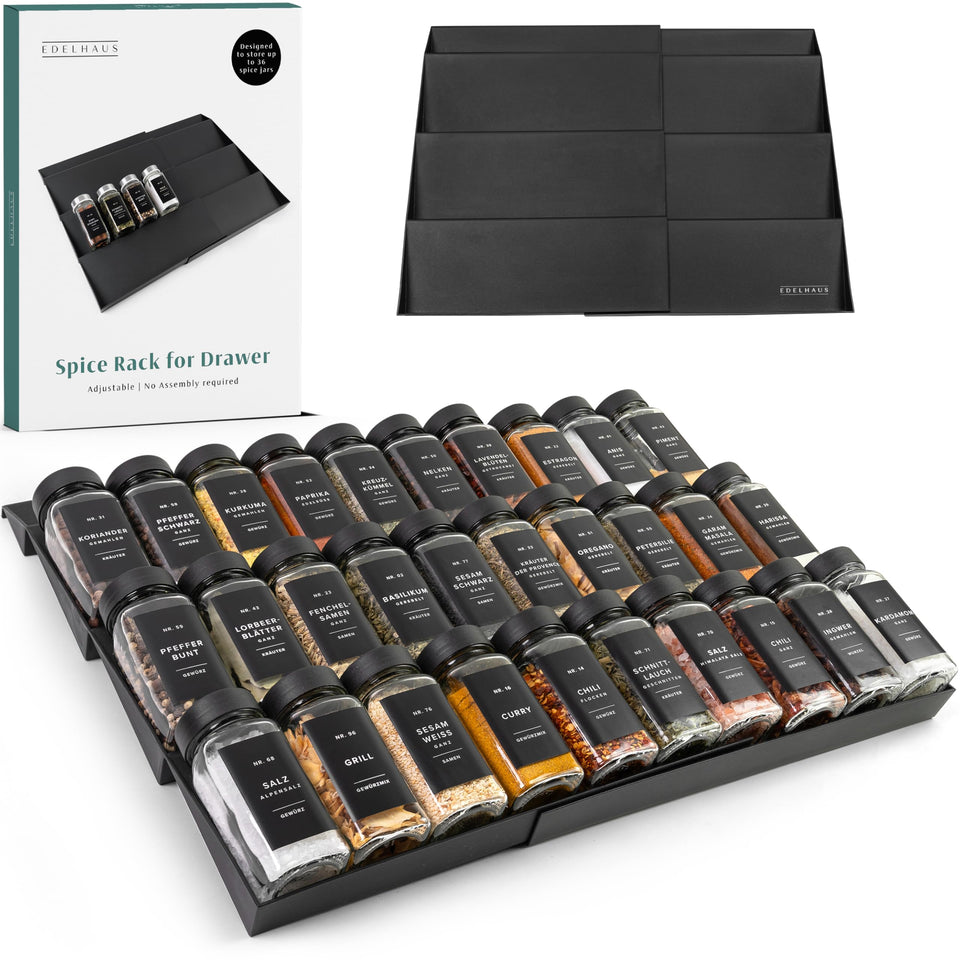 EDELHAUS Spice Drawer Organizer angled layout keeps labels visible for easy access.
