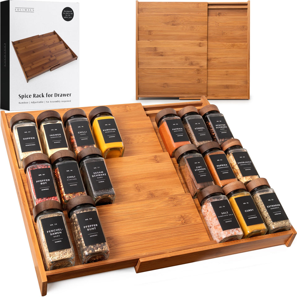 EDELHAUS spice drawer organizer assembled for easy access.