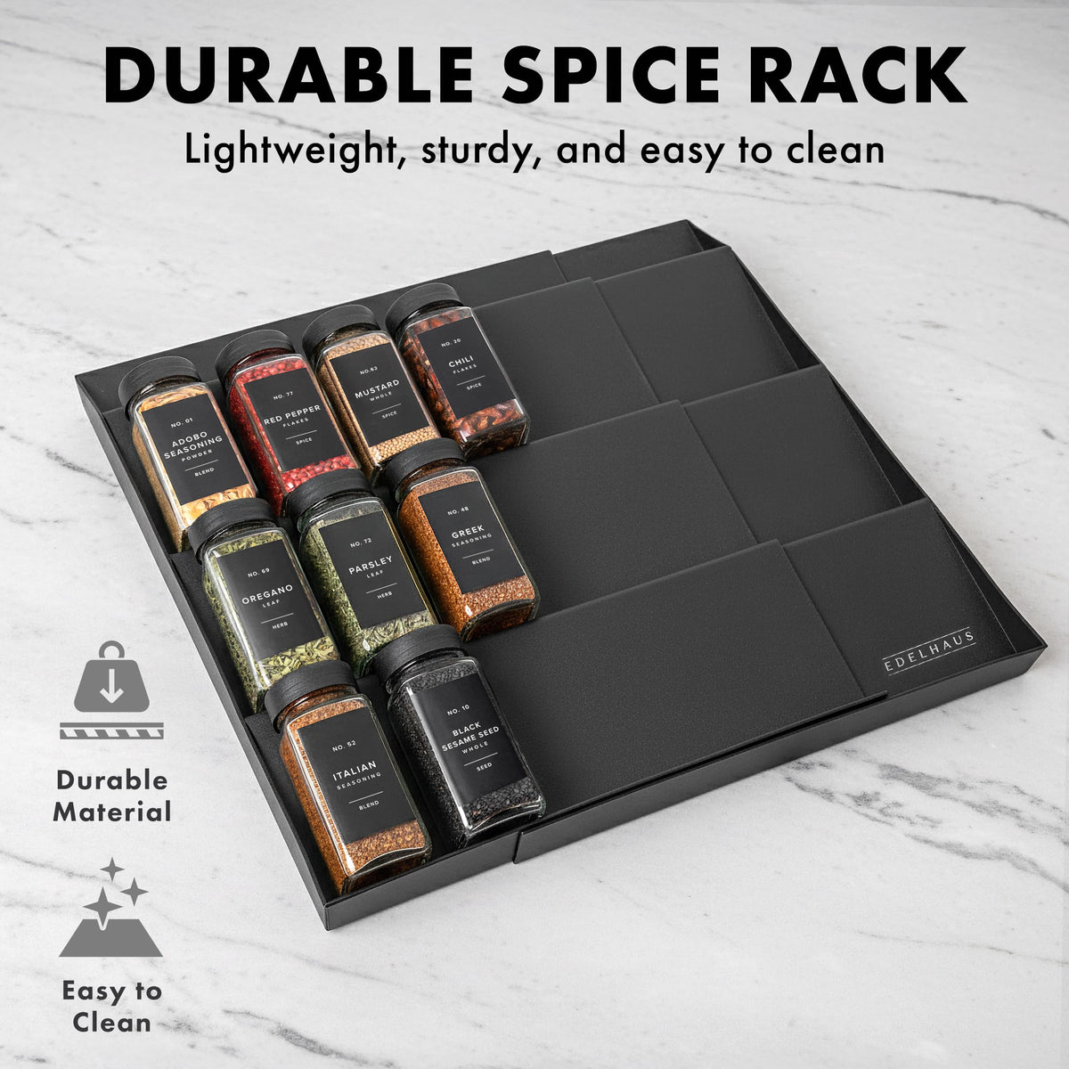 EDELHAUS Spice Drawer Organizer black finish blends with modern kitchens.