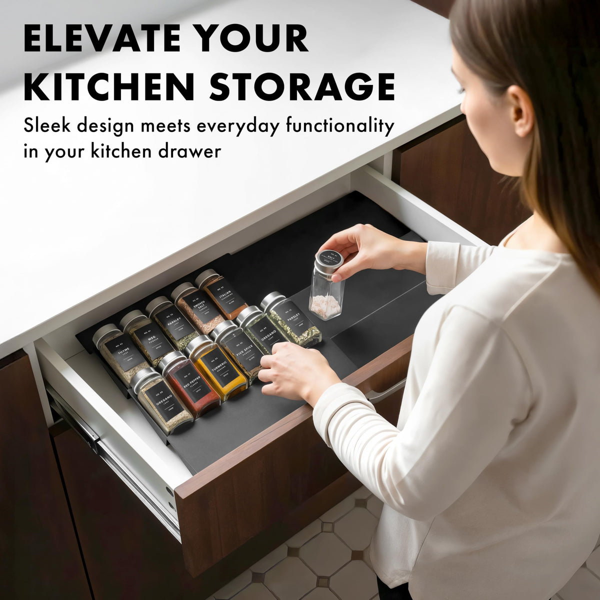 EDELHAUS Spice Drawer Organizer tool-free setup fits most drawers and cabinets.
