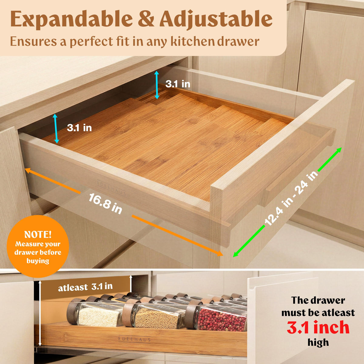 EDELHAUS spice drawer organizer expanded from 12 to 24 inches for customizable storage.