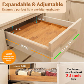 EDELHAUS spice drawer organizer expanded from 12 to 24 inches for customizable storage.