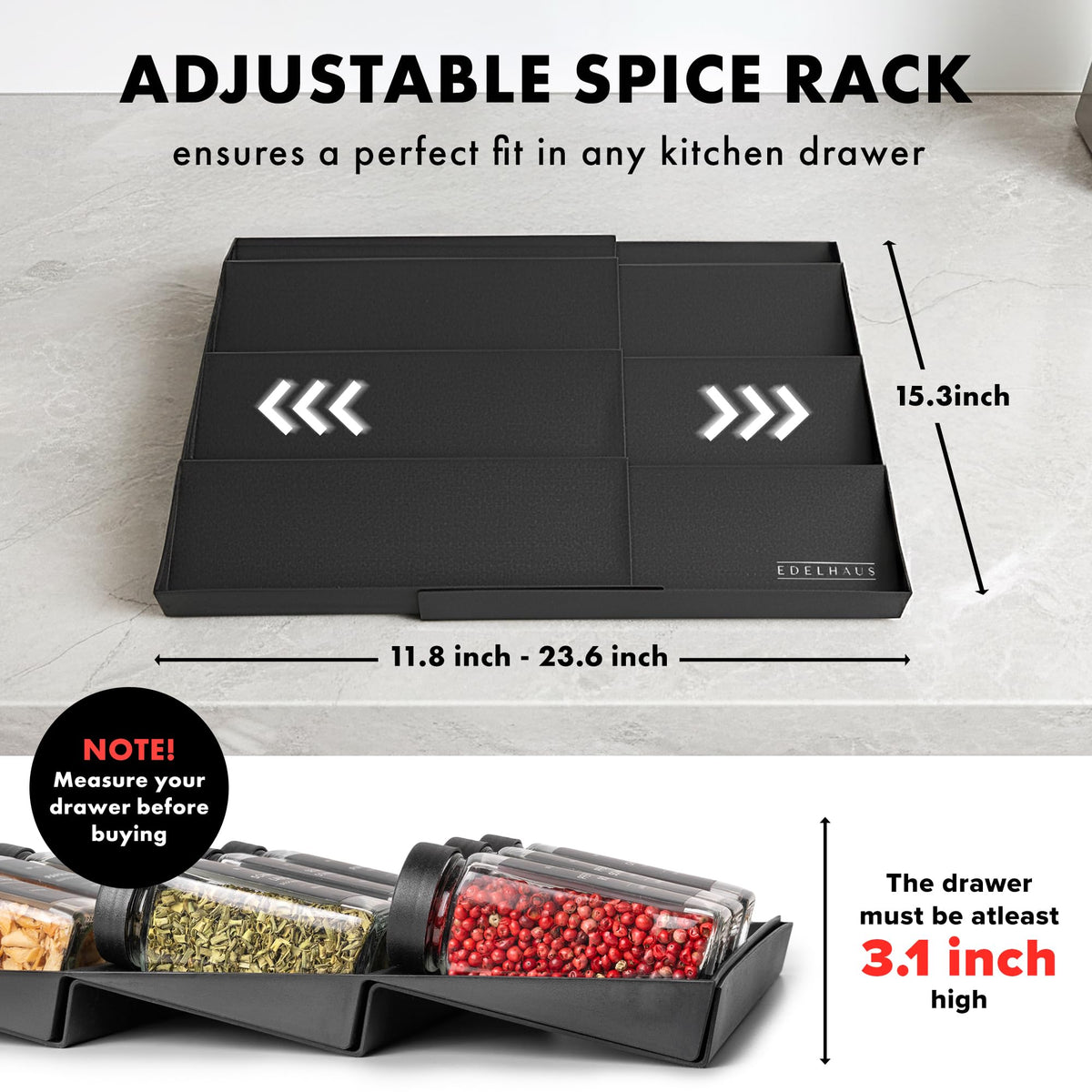 EDELHAUS Spice Drawer Organizer expanded width fits larger drawers for flexible spice storage.
