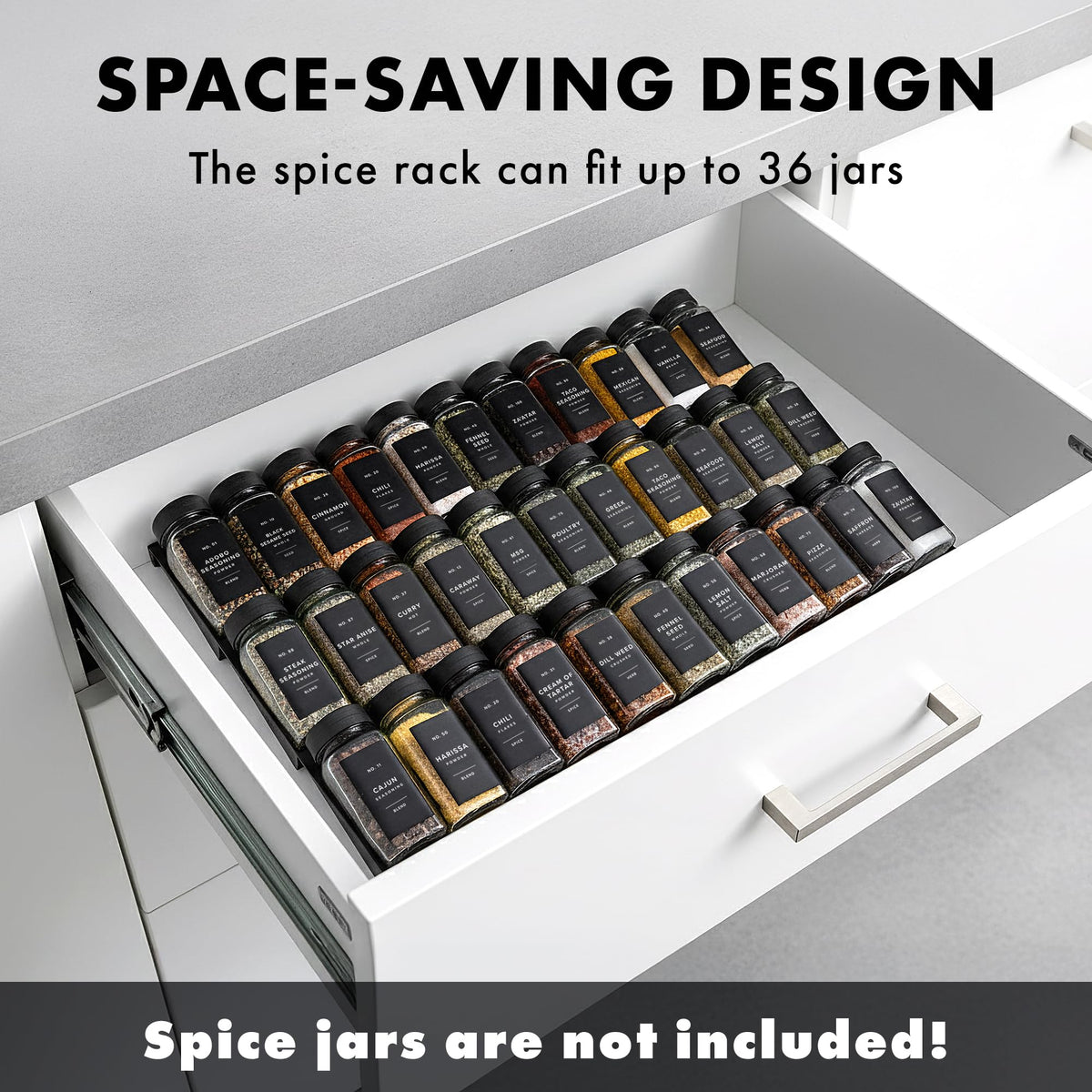 EDELHAUS Spice Drawer Organizer no-tools setup enables quick, mess-free organization.