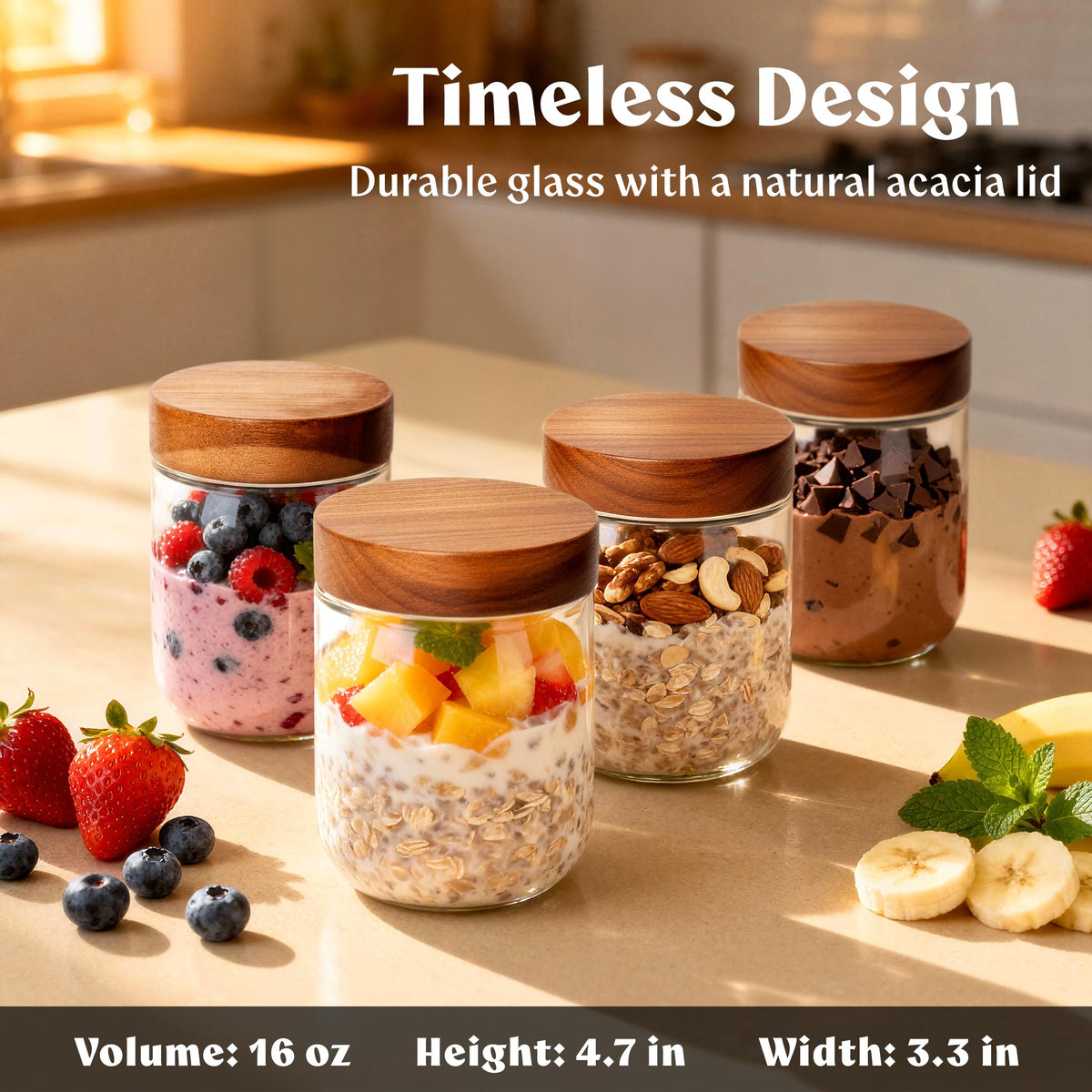 EDELHAUS stackable glass jars with acacia lids saving fridge space.