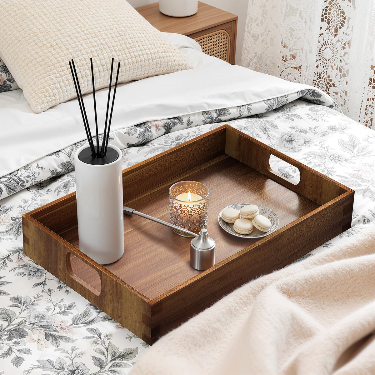 EdenDwell breakfast-in-bed setup using acacia tray.