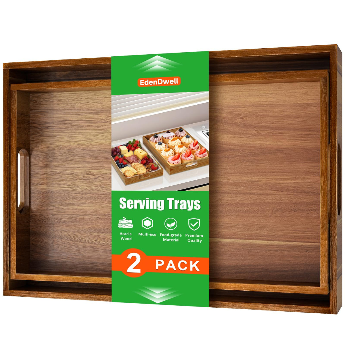 EdenDwell acacia serving trays pair; natural grain enhances stylish kitchen hosting.