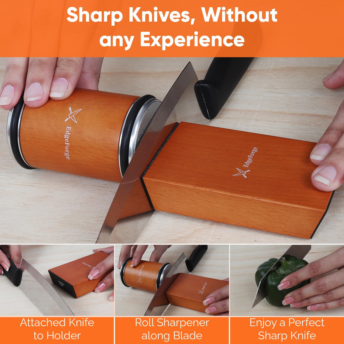 EdgeForge sharpener kit ceramic discs polishing the blade surface