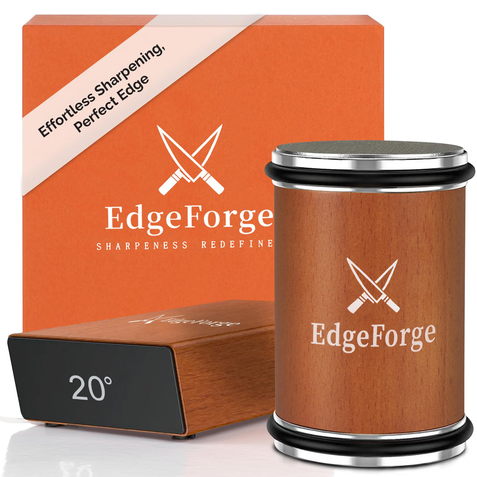 EdgeForge sharpener kit with diamond discs restoring a dull blade edge