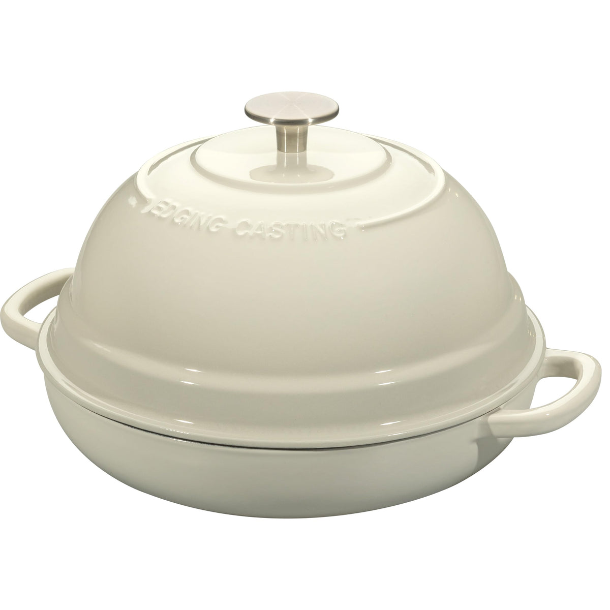 EDGING CASTING dome lid in round design traps steam for crusty loaves.