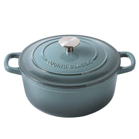 Edging Casting 5.5-quart slateblue Dutch oven with lid for even heat distribution.