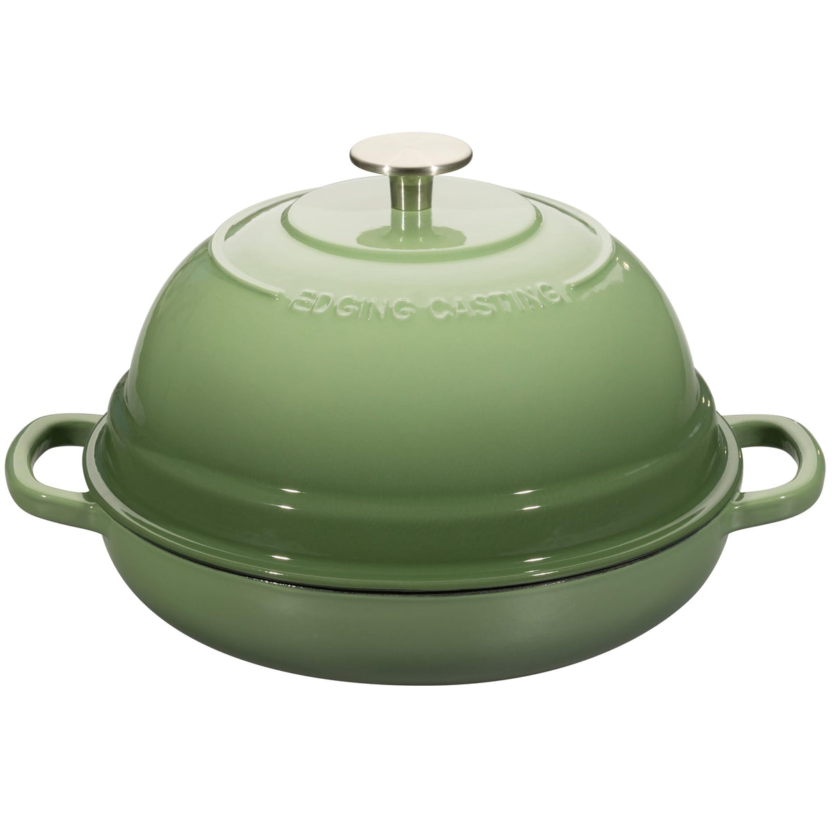 Edging Casting pistachio green lid demonstrates a sturdy handle for easy lifting