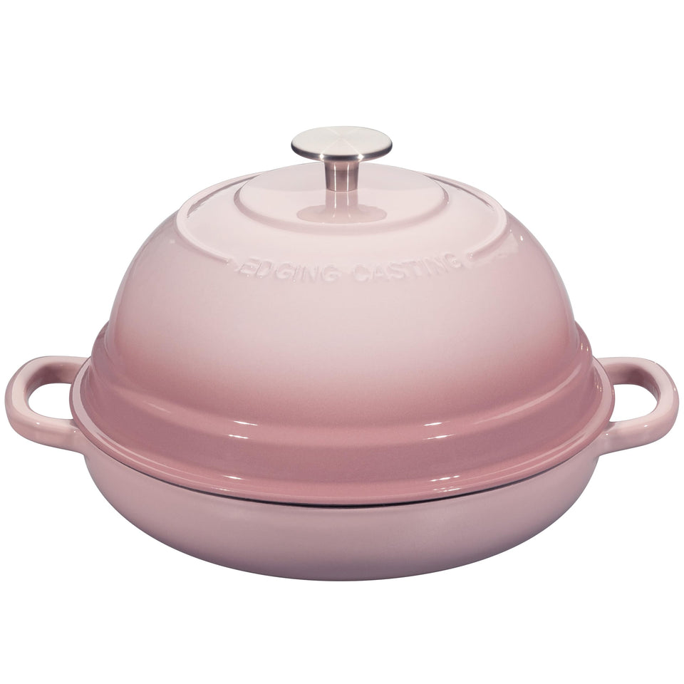 EDGING CASTING enameled Dutch oven pink exterior shows durable, even heating for bread baking.