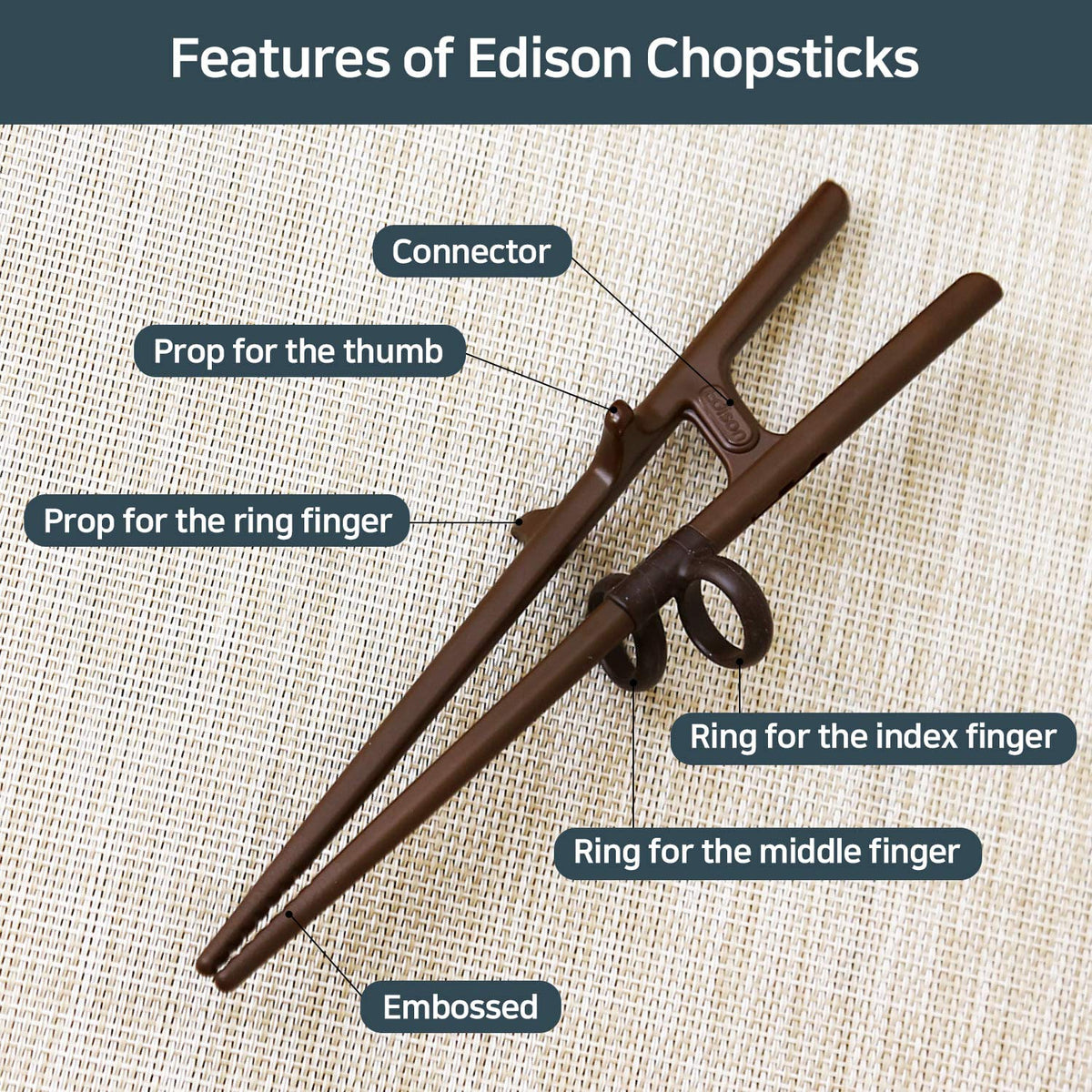 Edison Friends training chopsticks finger guide illustrates correct grip before transitioning to regular chopsticks.