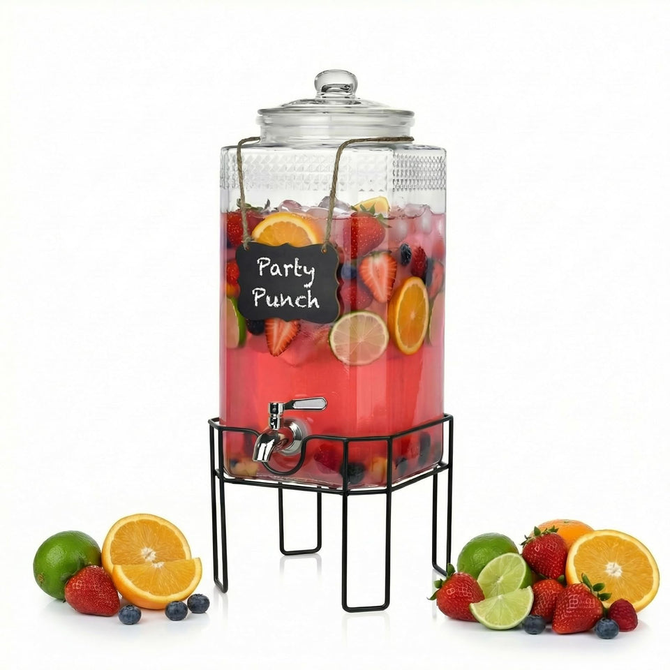 Edycur 2-gallon glass dispenser with stand creates a stylish party centerpiece.