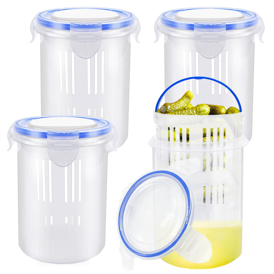 Eerrhhaq pickle container with strainer and airtight lid for easy draining.