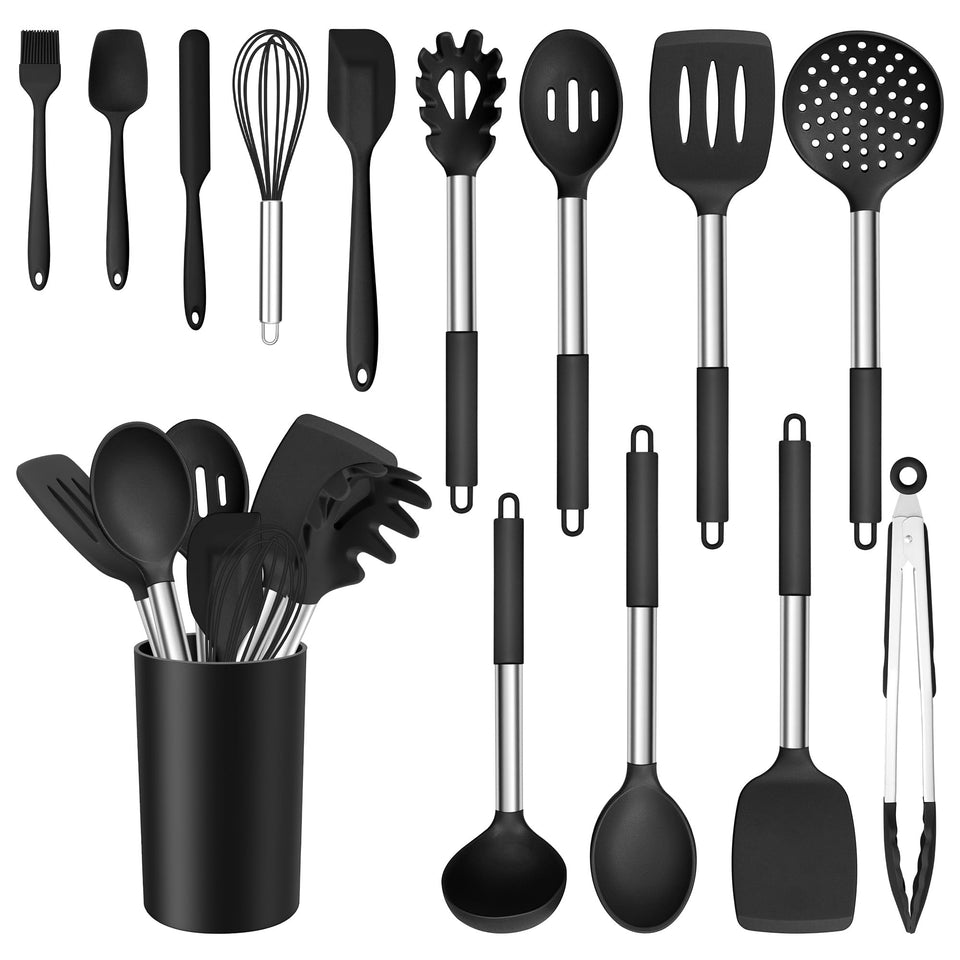 E-far 14-piece silicone utensils set on counter for organized cooking