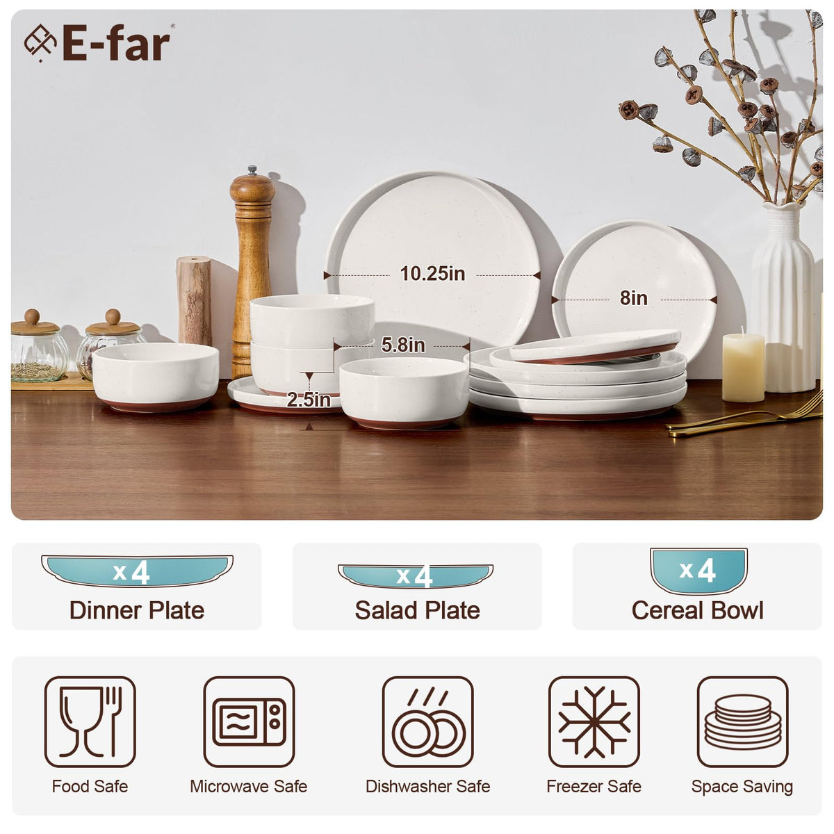 E-far dessert plates close-up on terracotta base, elegant presentation.