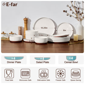 E-far dessert plates close-up on terracotta base, elegant presentation.