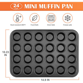 E-far mini muffin pan 24-cup in-use shot highlights quick, easy release