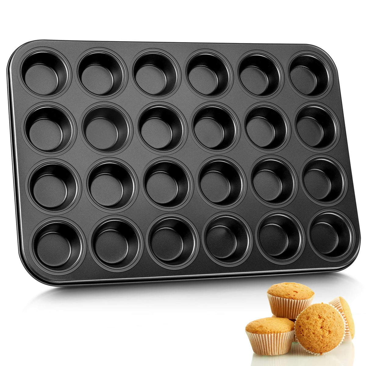 E-far mini muffin pan 24-cup top view, warp-resistant steel for even baking