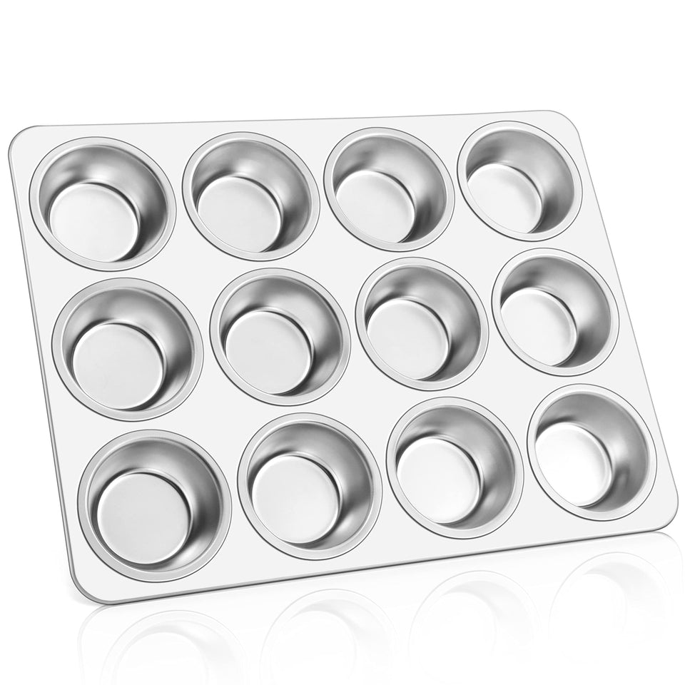 E-far 12-cup muffin pan in stainless steel for durable, even baking.