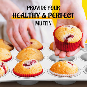 E-far muffin pan measures 13.7 by 10.4 by 1.25 inches, 12 cups.