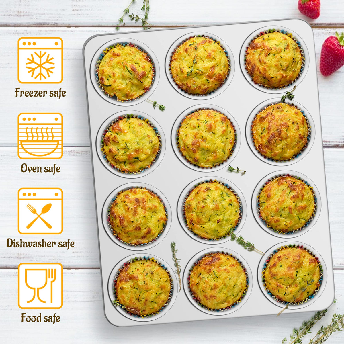 E-far muffin pan flat-bottom ensures even heat distribution.