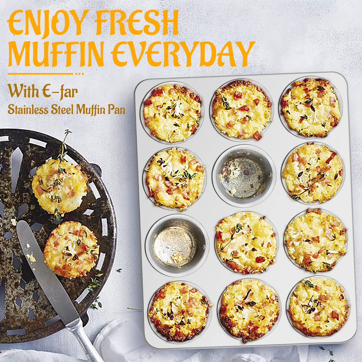 E-far muffin pan is ideal for muffins, eggs, biscuits and more.