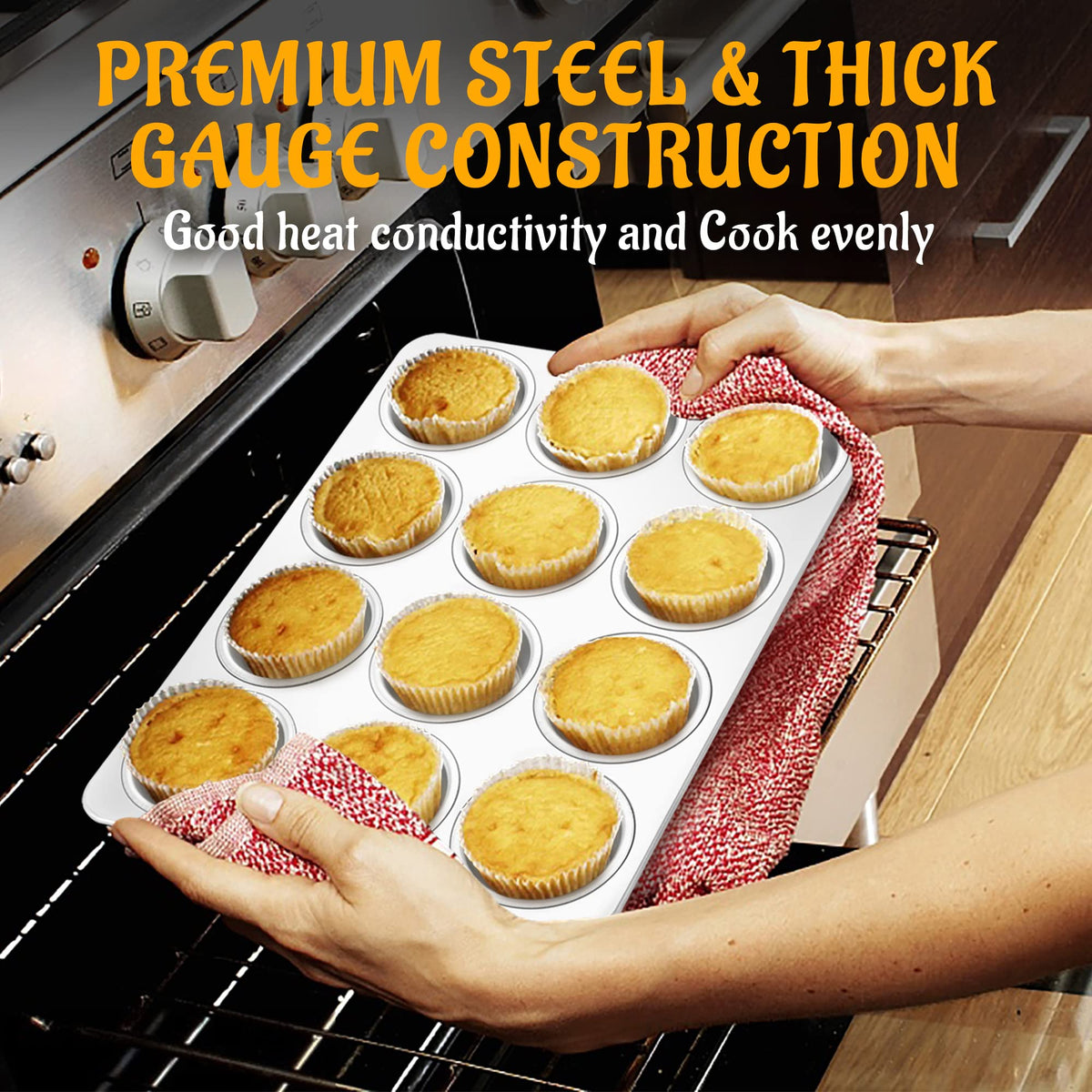 E-far stainless steel muffin pan shows durable, non-toxic bake.