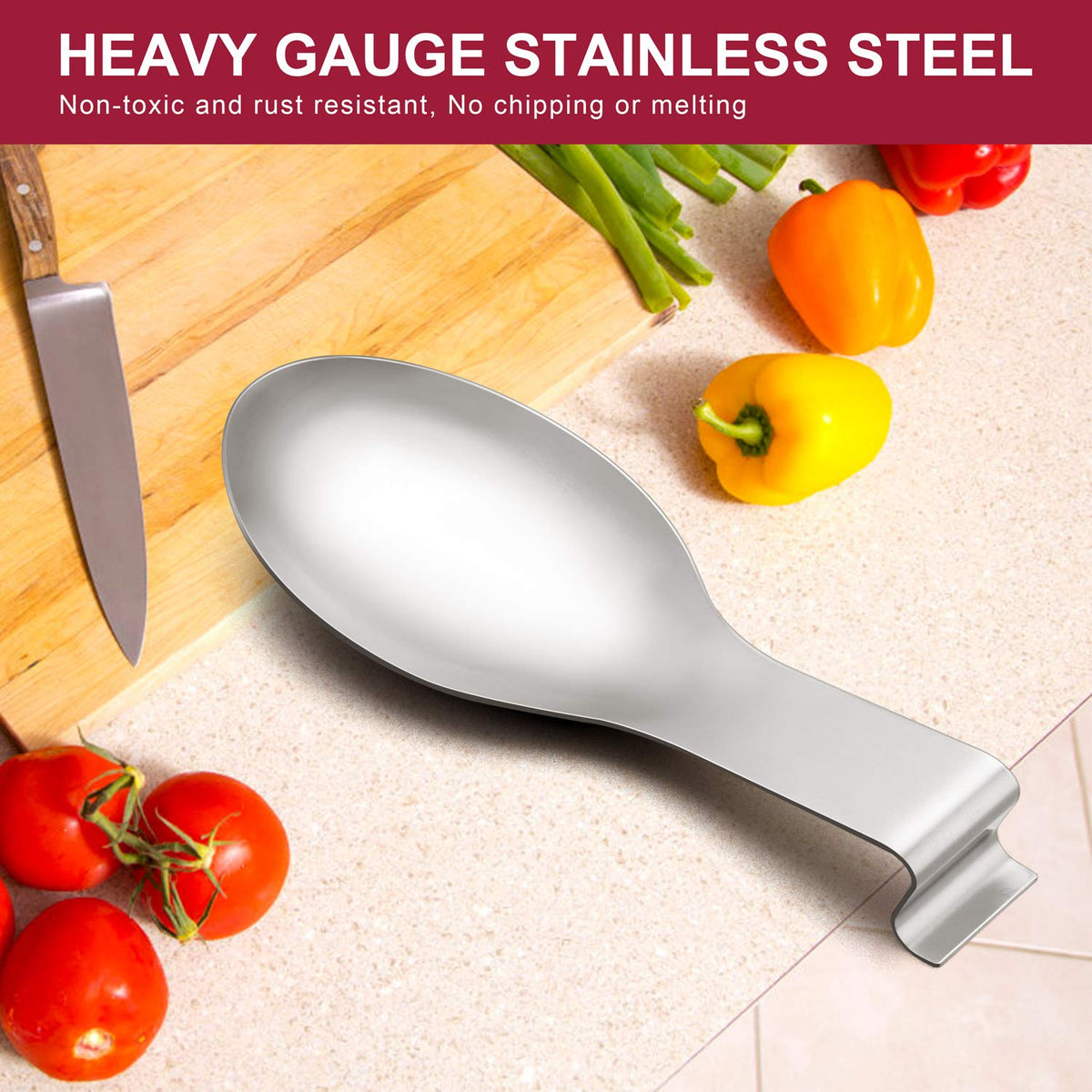 E-far spoon rest brushed finish complements kitchen counters and cleans easily