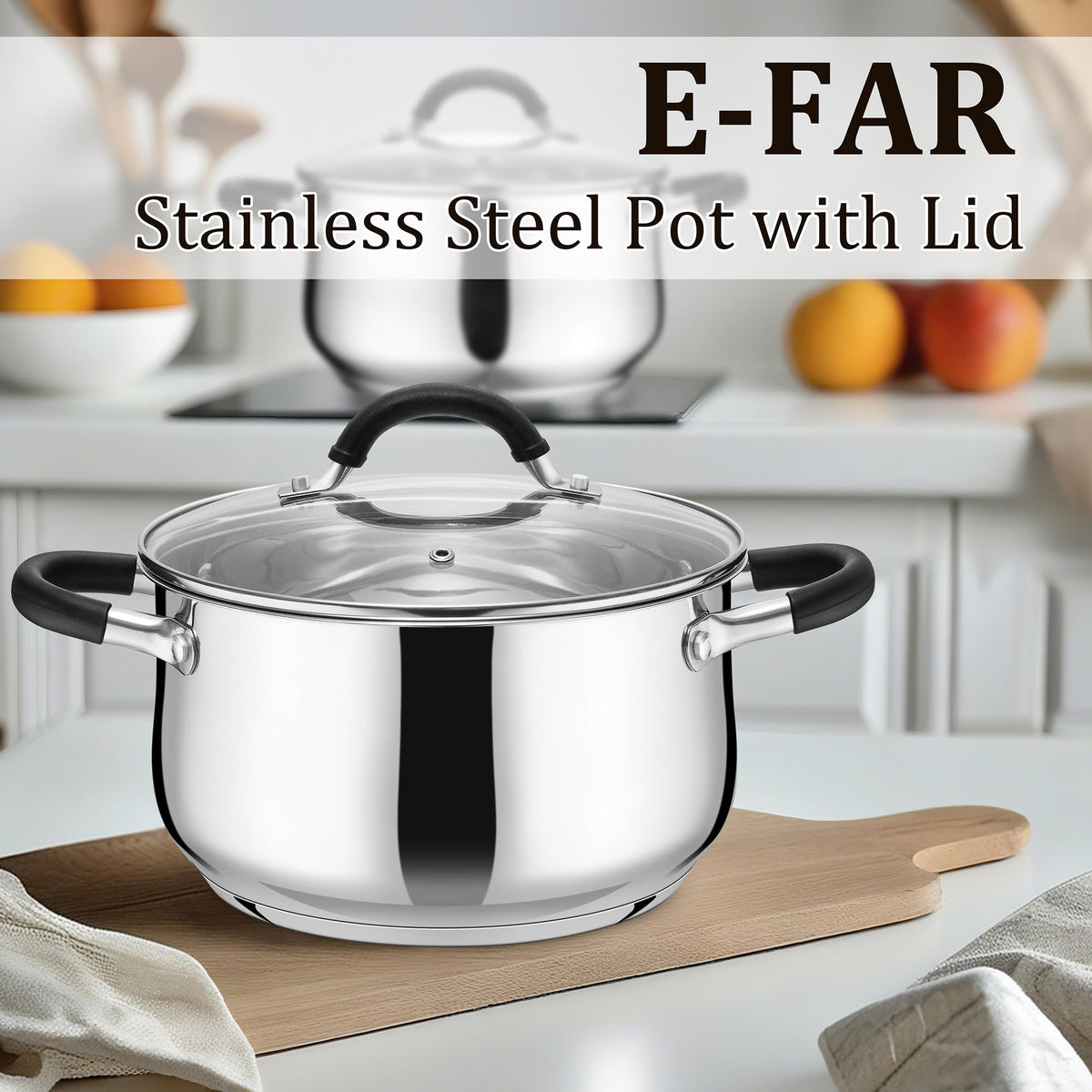 E-far stockpot glass lid lets you check progress without lifting steam.