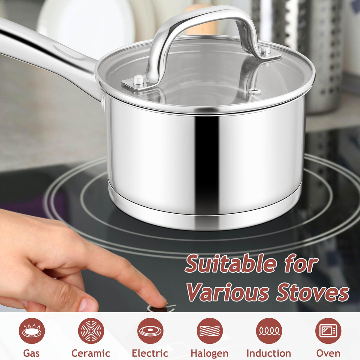 E-far tri-ply base with aluminum core for fast, even heating.