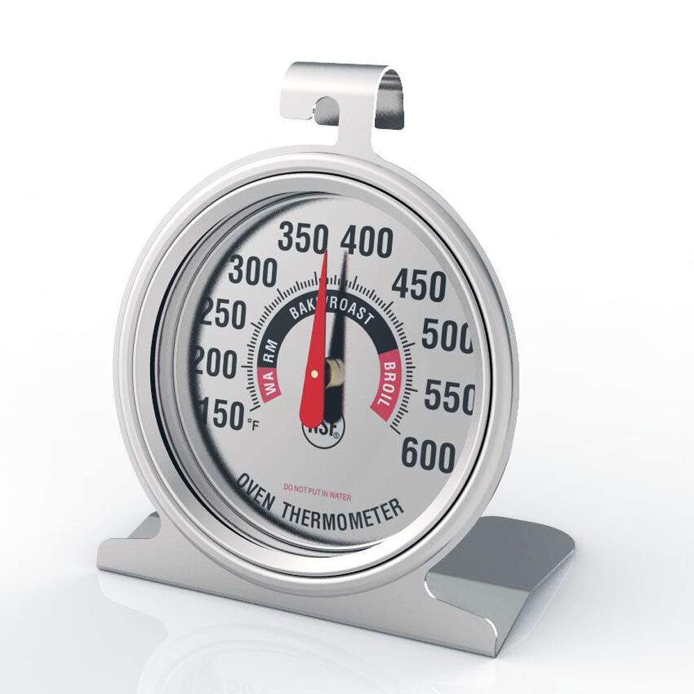 Efeng in-use oven thermometer on grill for monitoring meat and cake temps.
