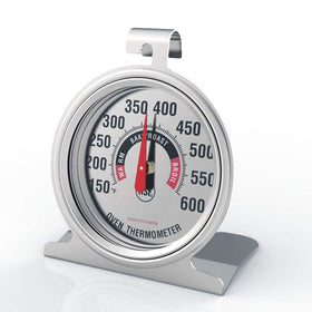 Efeng in-use oven thermometer on grill for monitoring meat and cake temps.