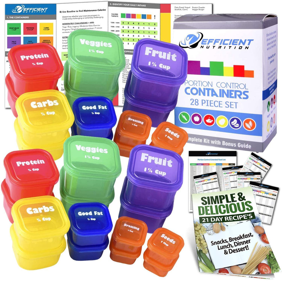 Efficient Nutrition DELUXE 28-piece containers arranged for precise portions at home.