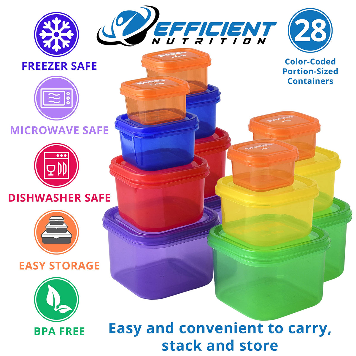 Efficient Nutrition DELUXE durable stackable containers in a tidy kitchen.