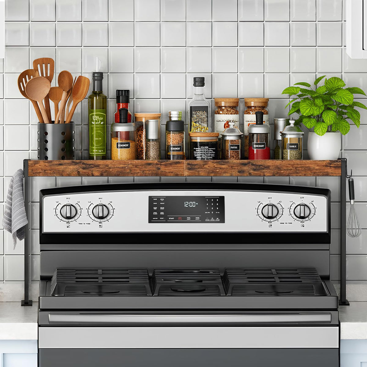 EffiJoy over-stove spice rack mounted above stove for easy, within-reach storage.