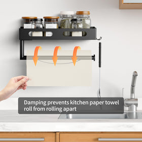 EffiJoy paper towel holder with shelf mounts on bathroom wall for towels and small essentials.