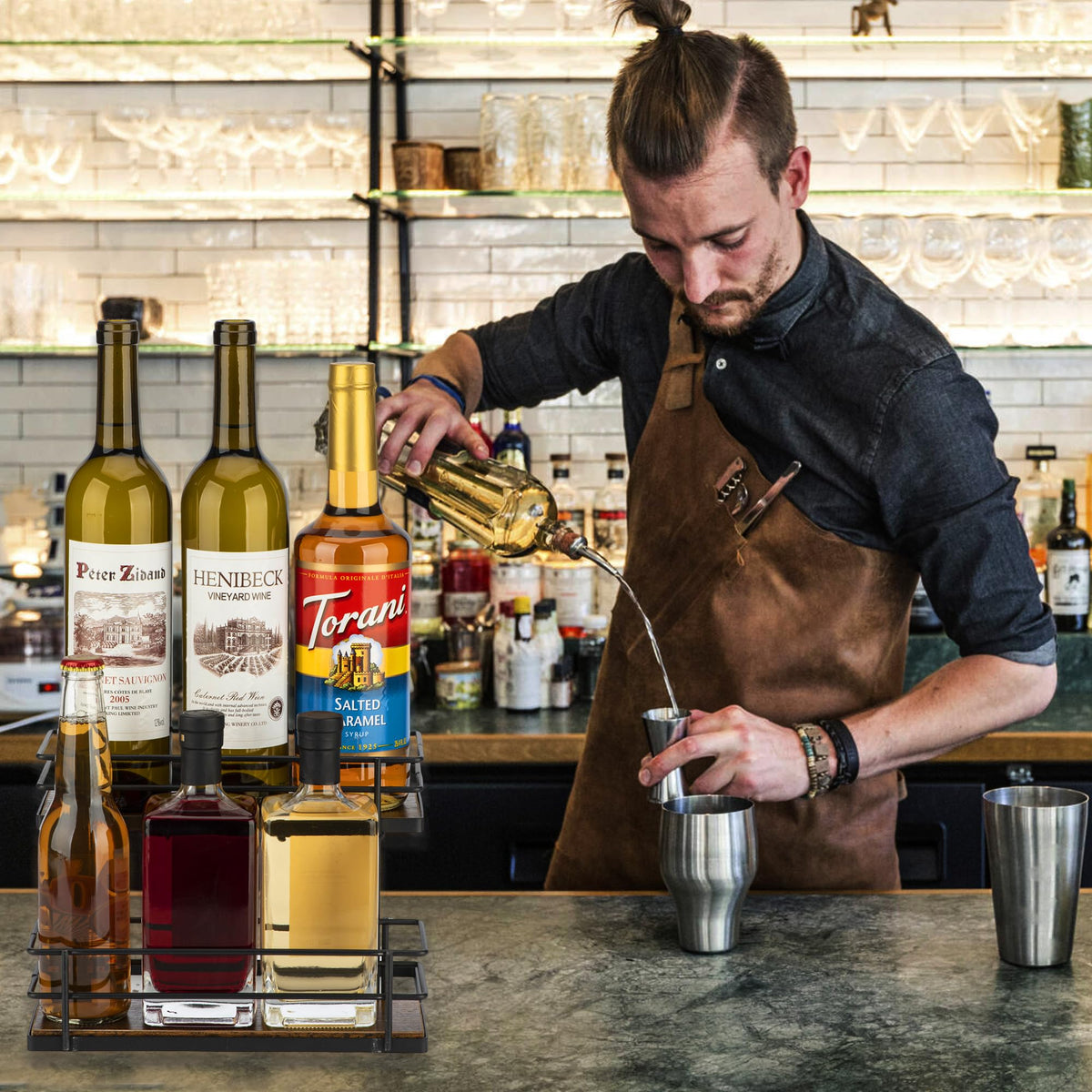 Countertop syrup storage that keeps bar essentials neatly organized.
