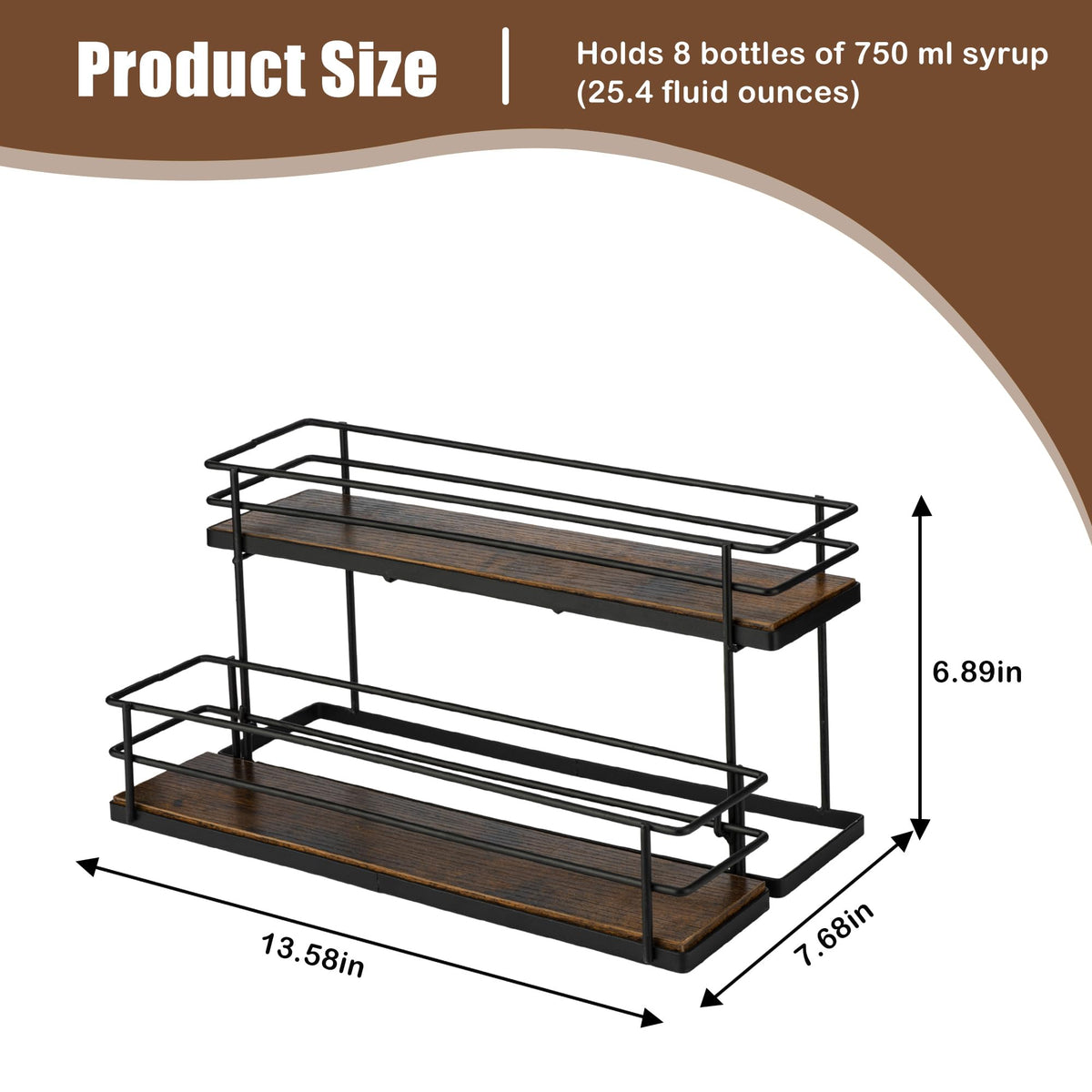 EFYSE syrup rack in matte black metal with wood base, built for durable countertop organization.