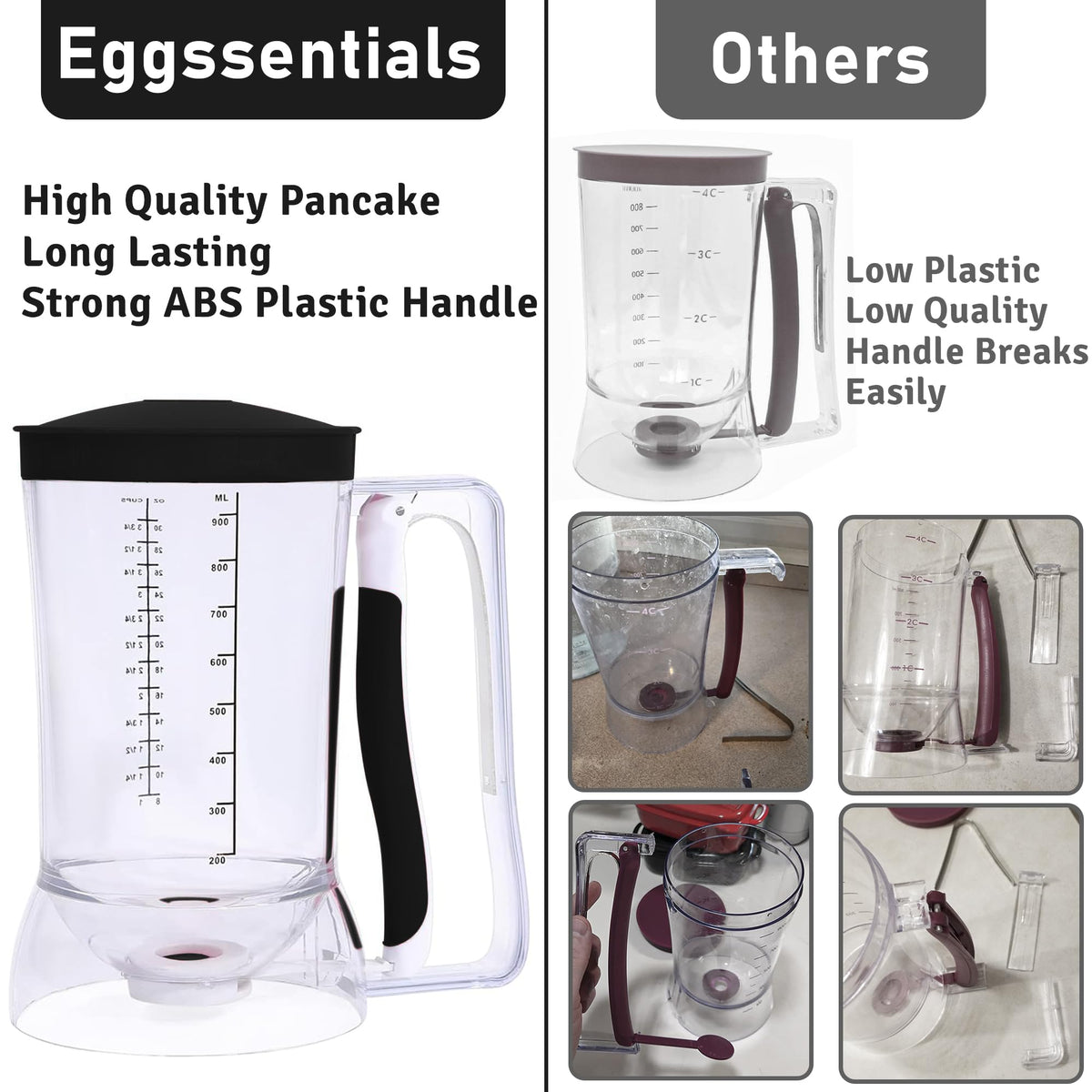 Eggssentials batter dispenser ensures even batter for cupcakes and muffins.