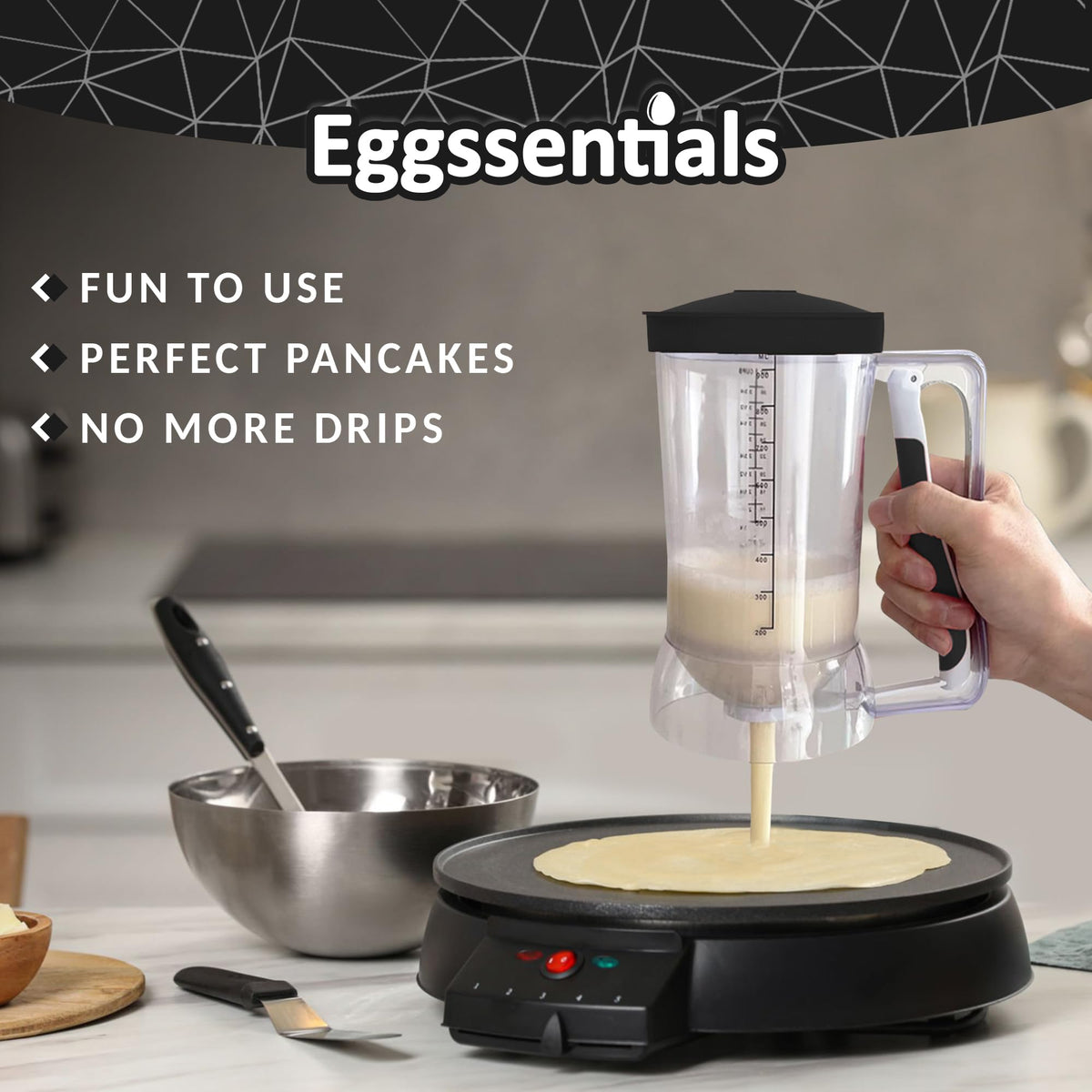 Eggssentials batter dispenser features an ergonomic squeeze handle for easy, controlled pouring.