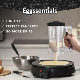 Eggssentials batter dispenser features an ergonomic squeeze handle for easy, controlled pouring.
